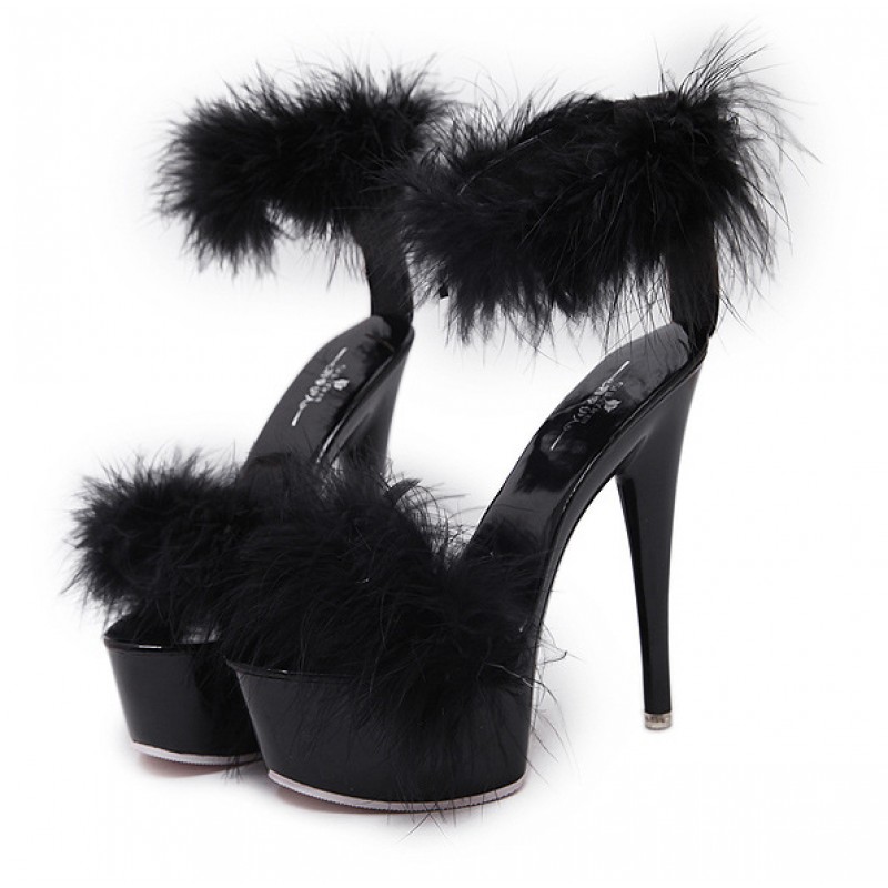 Black Feather Fur Flurry Sexy Platforms Super High Stiletto Heel Sandals Shoes 9466